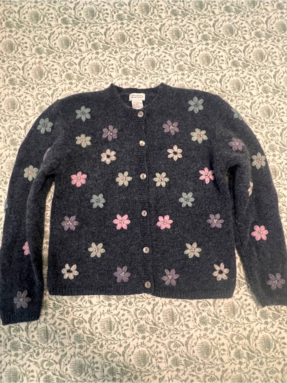 Vintage Deane & White Wool Flower Embroidered Cardigan Grey Cottagecore Lge